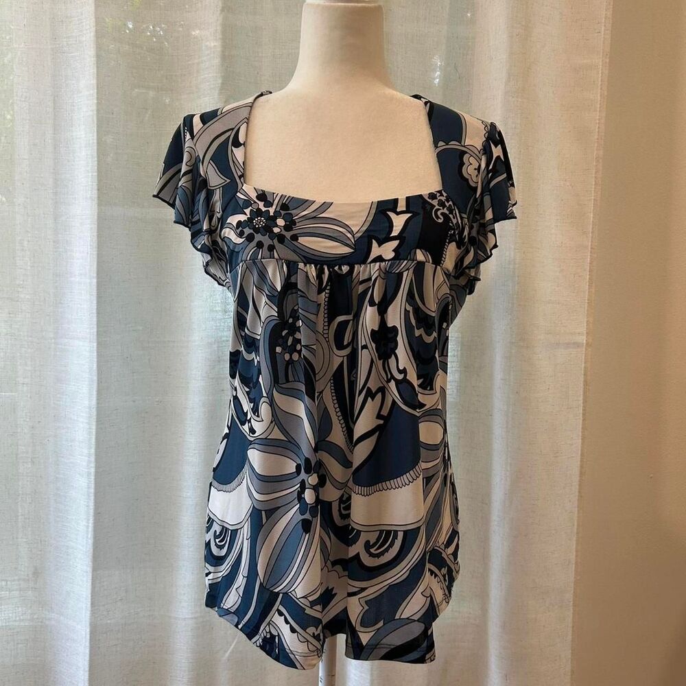 Dressbarn y2k 00s Paper Tag Printed Ruffle Sleeve Babydoll Blouse Size Large